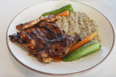 Noon: Grilled chicken with veggies and riceの写真素材