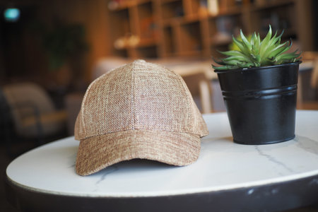 Brown cap placed on a table next to a small plantの写真素材