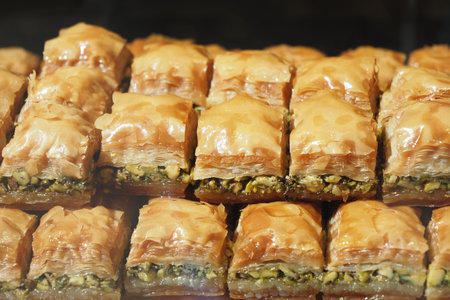 Delicious baklava arranged neatly in a display case