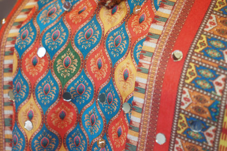 Vibrant fabric with intricate patterns and embellishmentsの写真素材
