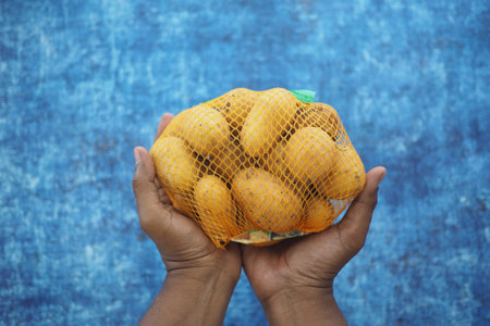 Hands holding a mesh bag of fresh potatoesの写真素材