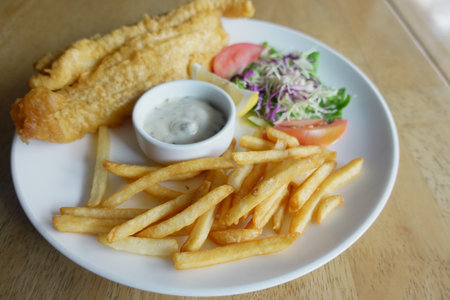 Delicious fried fish and chips served with fresh saladの写真素材