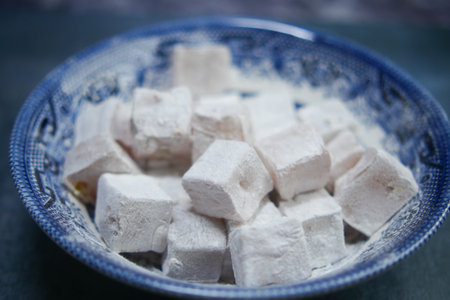 Turkish delight squares in a festive bowlの写真素材