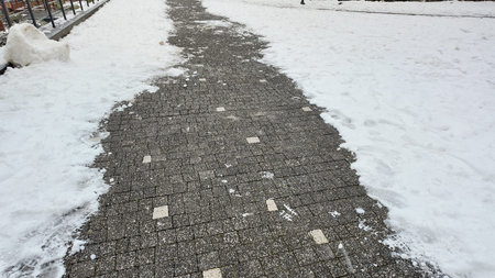 Snow covered pathway leads through a winter landscapeの写真素材