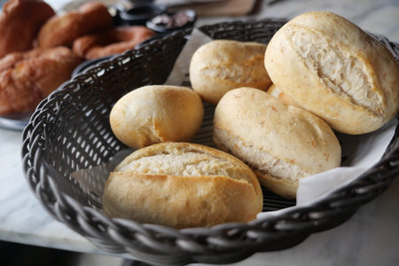 Freshly baked rolls in a cozy bakery setting