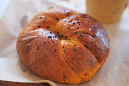 Freshly baked bread rolls on a cafe table