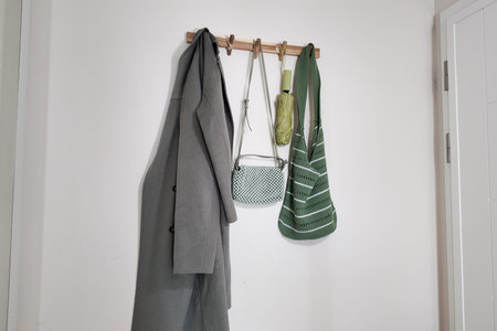 Coats and bags arranged on wall hook in modern interiorの写真素材