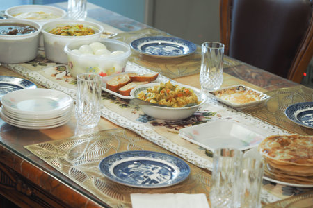 Delicious spread of traditional dishes on a dining table