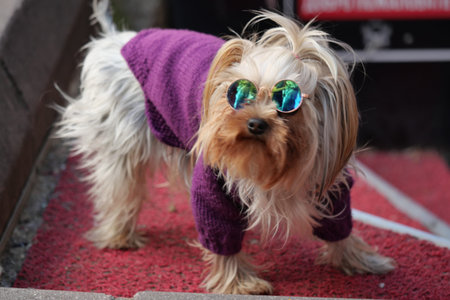 Small dog in stylish sweater and sunglasses enjoying the dayの写真素材