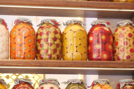 Colorful jars of preserved fruits on a wooden shelf