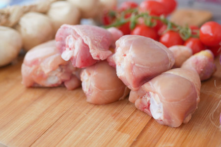 Fresh chicken thighs and cherry tomatoes on a cutting boardの写真素材