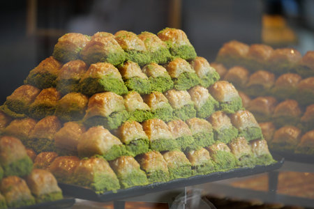 Delightful baklava displayed in a pastry shop window