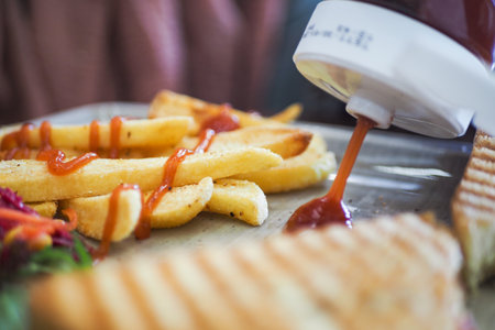 Delicious fries with ketchup served on a trayの写真素材