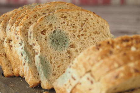 Moldy bread slices on a wooden surface ready for disposal