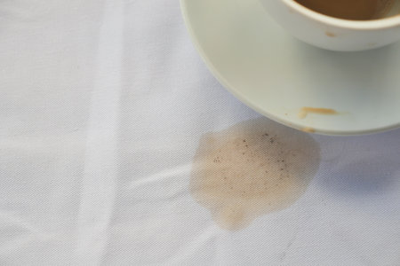 Coffee spill on a tablecloth during afternoon breakの写真素材