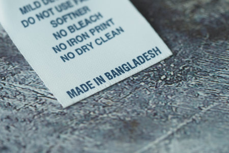 Care label with washing instructions and origin detailsの写真素材