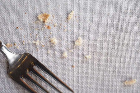 Crumbs on a tablecloth beside a fork after a mealの写真素材