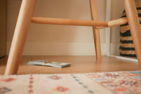 Cash bundle on the floor near a wooden chair, lost cash conceptの写真素材