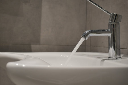 Modern sink with running water in a bathroom settingの写真素材