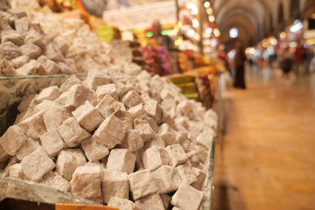 Colorful turkish delight displayed in a bustling market