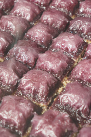 Delicious Turkish dessert squares prepared in a bakeryの写真素材