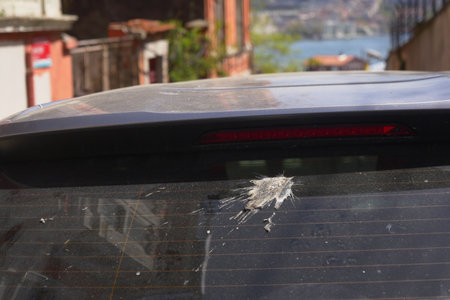 Bird droppings on a parked car in a narrow streetの写真素材