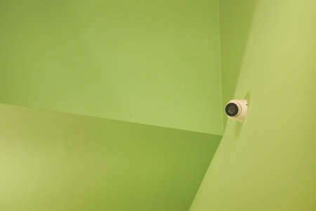 Green angular walls with a security camera in the corner