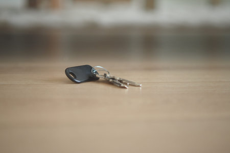 Keys lying on wooden floor near a blurred background. lost key concept