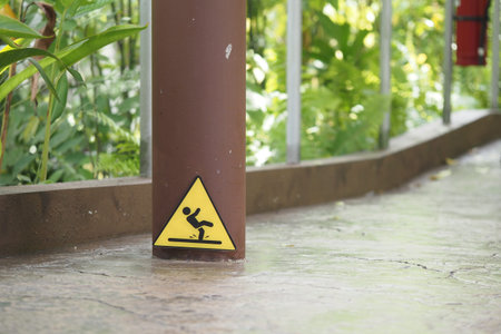 Caution sign for slippery floor in outdoor settingの写真素材