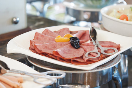 Sliced deli meats served on a plate with garnishesの写真素材