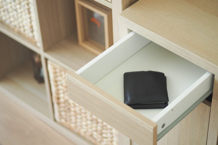 Wallet placed inside a drawer in a modern cabinet