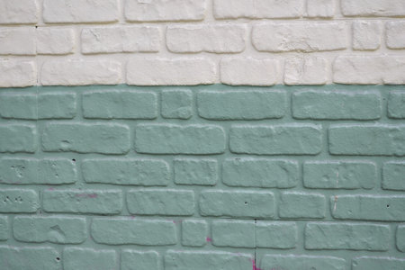 Wall with textured bricks painted in green and white shades