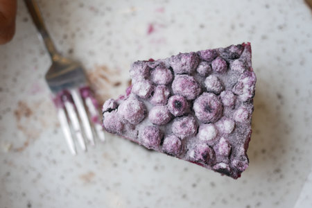 Delicious blueberry dessert slice on white plateの写真素材