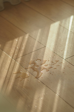 Water puddle on wooden floor with sunlight streaming inの写真素材