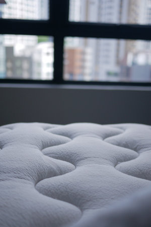 Soft mattress resting in a modern urban bedroomの写真素材