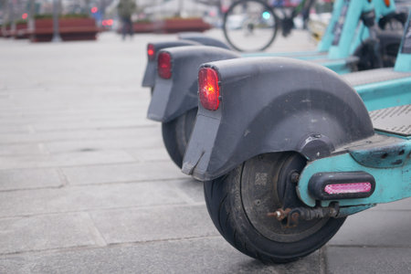 Scooter features and design at a busy urban locationの写真素材