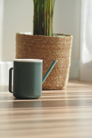 Indoor watering can beside potted plant on wooden floorの写真素材