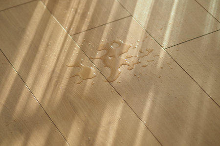 Water spill on wooden floor with sunlight streaming throughの写真素材
