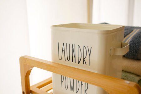 Laundry supplies arranged in a modern laundry room settingの写真素材