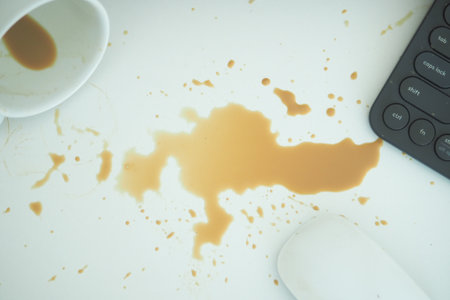 Coffee spill on a desk with computer accessories nearbyの写真素材