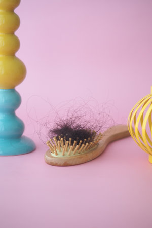 Hairbrush with Hair on Pink Background. hair lost conceptの写真素材