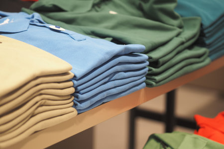 Colorful polo shirts neatly arranged on display shelvesの写真素材