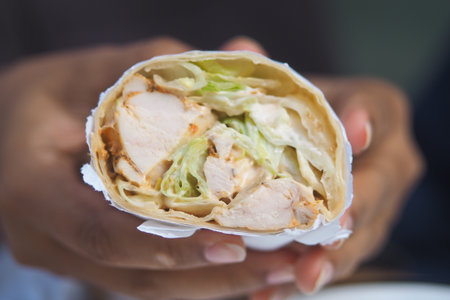 Delicious grilled chicken wrap held by a handの写真素材