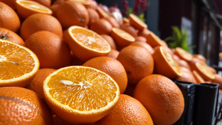Fresh oranges on display at a local marketの写真素材
