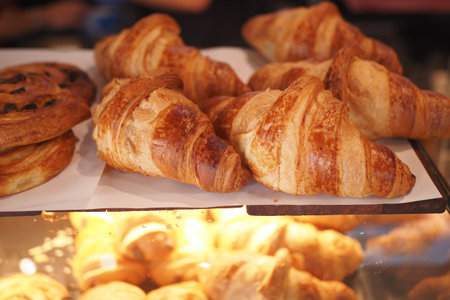 Freshly baked pastries at a bustling bakery
