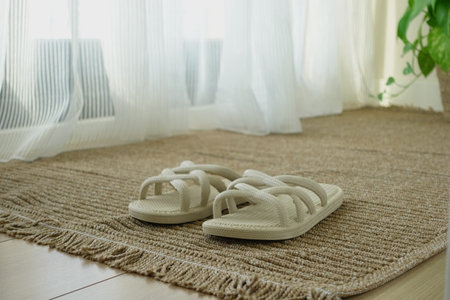 Simple indoor setting with neutral slippers on a rug