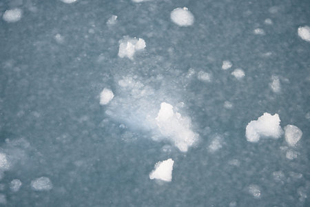 Ice fragments scattered on a frozen lake surface