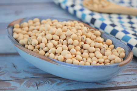 Freshly harvested soybeans in a rustic bowlの写真素材