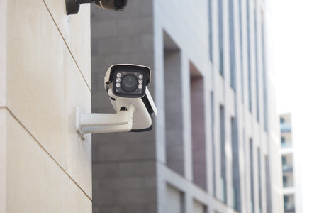 Building exterior surveillance camera in urban area