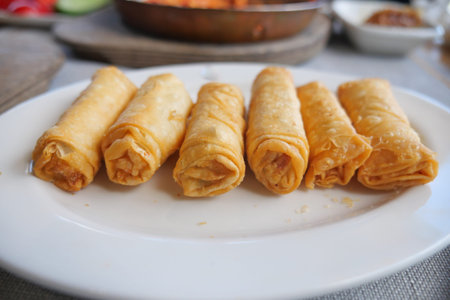 Delicious crispy rolls served on a white plate